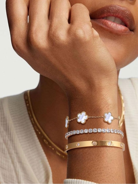 Anthropologie Jewelry - 3pc Trendy 18k Gold Plated Bracelets Clover Stackable Stainless Steel